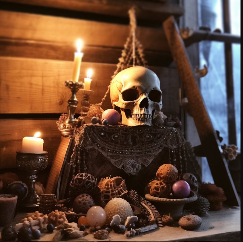 May include: A white skull with a candlelit wooden background. The skull is surrounded by beads, candles, and other decorative items.