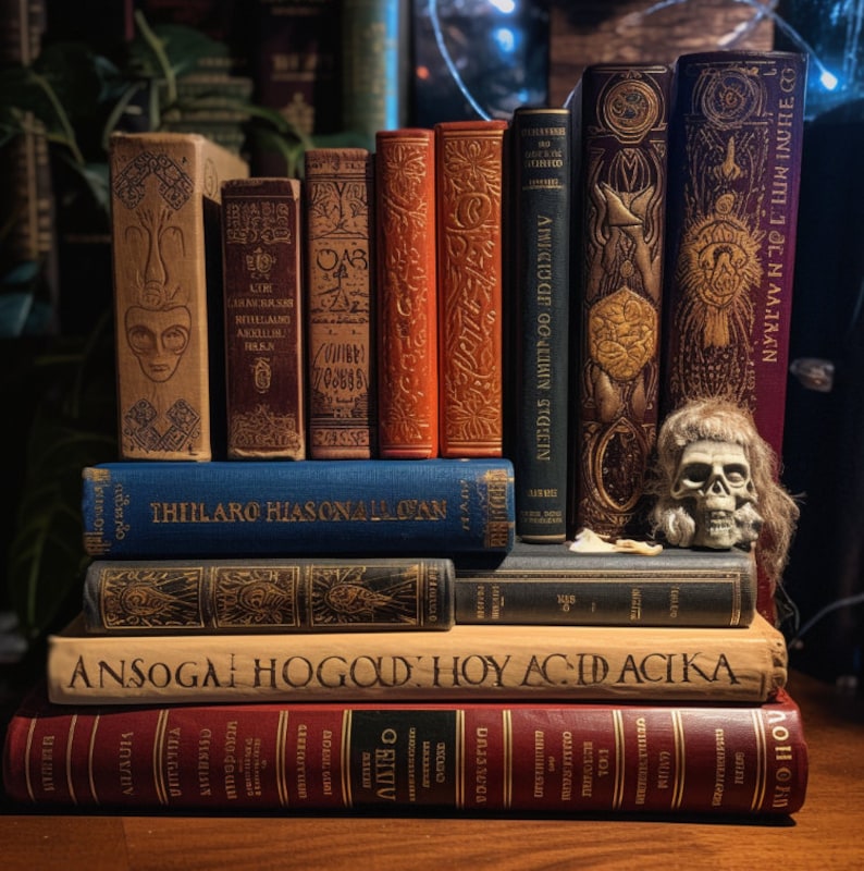 May include: A stack of vintage hardcover books with ornate gold lettering and illustrations. The books are arranged in a vertical stack with the tallest book on the bottom. The books are all different colors and have a variety of titles. The top book has the title "ANSOGAI HOGOLD HOY ACID ACIKA".