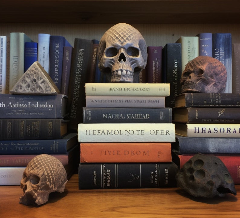 May include: A bookshelf filled with books, with a skull sculpture and two smaller skull sculptures on top. The books have titles such as "Band Pragjacky", "Angisockant Veil Swave Sanfl", "Macha Stahead", "Hefamol Nde Ofer", and "Tivie Drom".