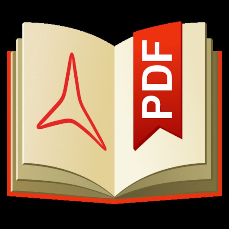 May include: An open book with a red bookmark that says "PDF" on it. The book has a red triangle drawn on the left page.