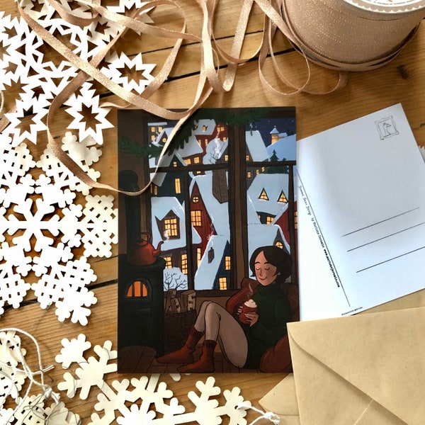 Carte postale cheminée / carte postale cosy et chaleureuse / tasse de chocolat chaud près de la fenêtre carte de vœux