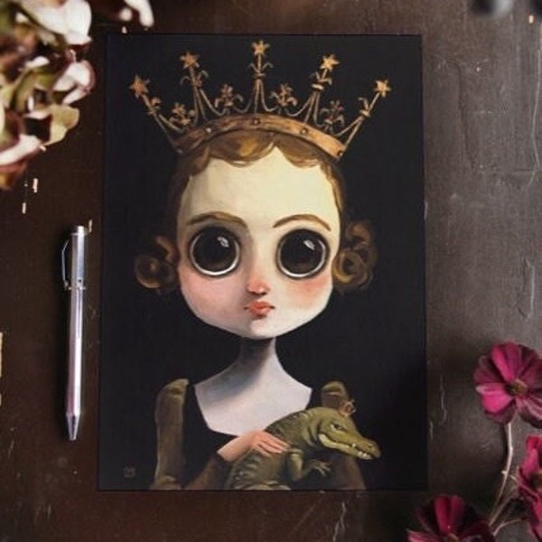 Queen postcard / Princess with crocodile greeting card / Girl with crown painting