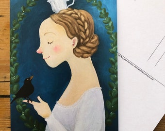 Blackbird and tea postcard / tea time greeting card / girl with tea cups painting