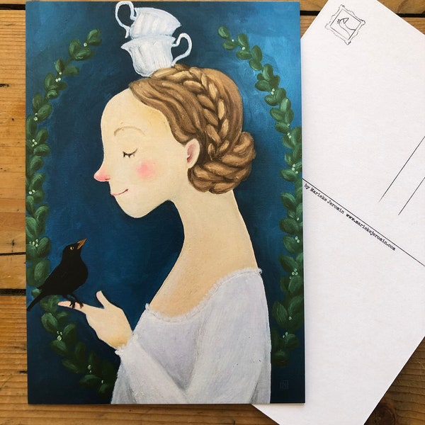 Amsel und Tee Postkarte / tea time Grußkarte / Mädchen mit Teetassen Gemälde