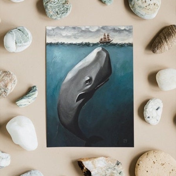 1x Wal Postkarte / Moby Dick  Grußkarte / Meer  Gemälde