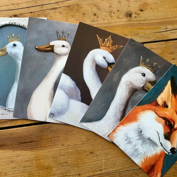 Gemischtes Postkarten Set / Fuchs du hast die Gans gestohlen Postkarte / Vögel mit Krone Grußkarte