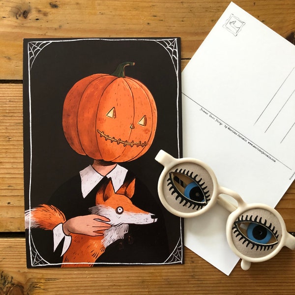 Kürbis Mädchen Postkarte / Halloween Grußkarte / Fuchs / creepy Cute