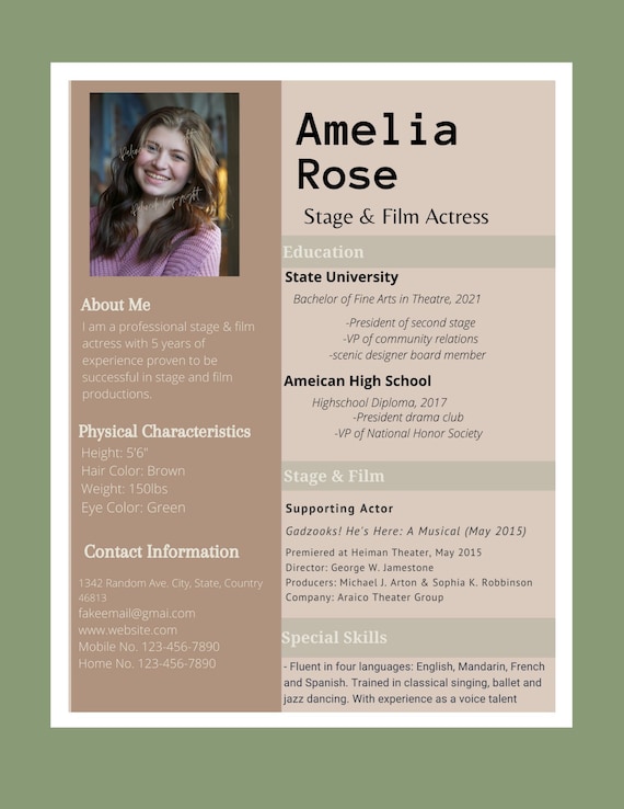 Actor & Actress Resume Template With Photo for Word Google Etsy
