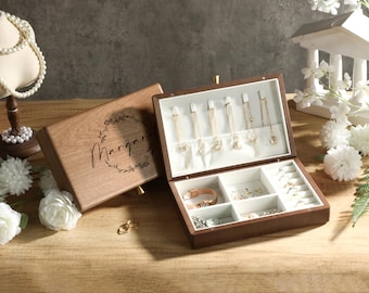 Custom Engraved Walnut Jewelry Box, Jewelry Organizer, Gift for Mom & Her, Wedding Gifts, Christmas Gift