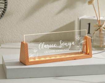 Personalized Name Plate With Wooden Base, Illuminated Acrylic Name Plate, Office Gifts For Coworkers, Gifts For New Jobs