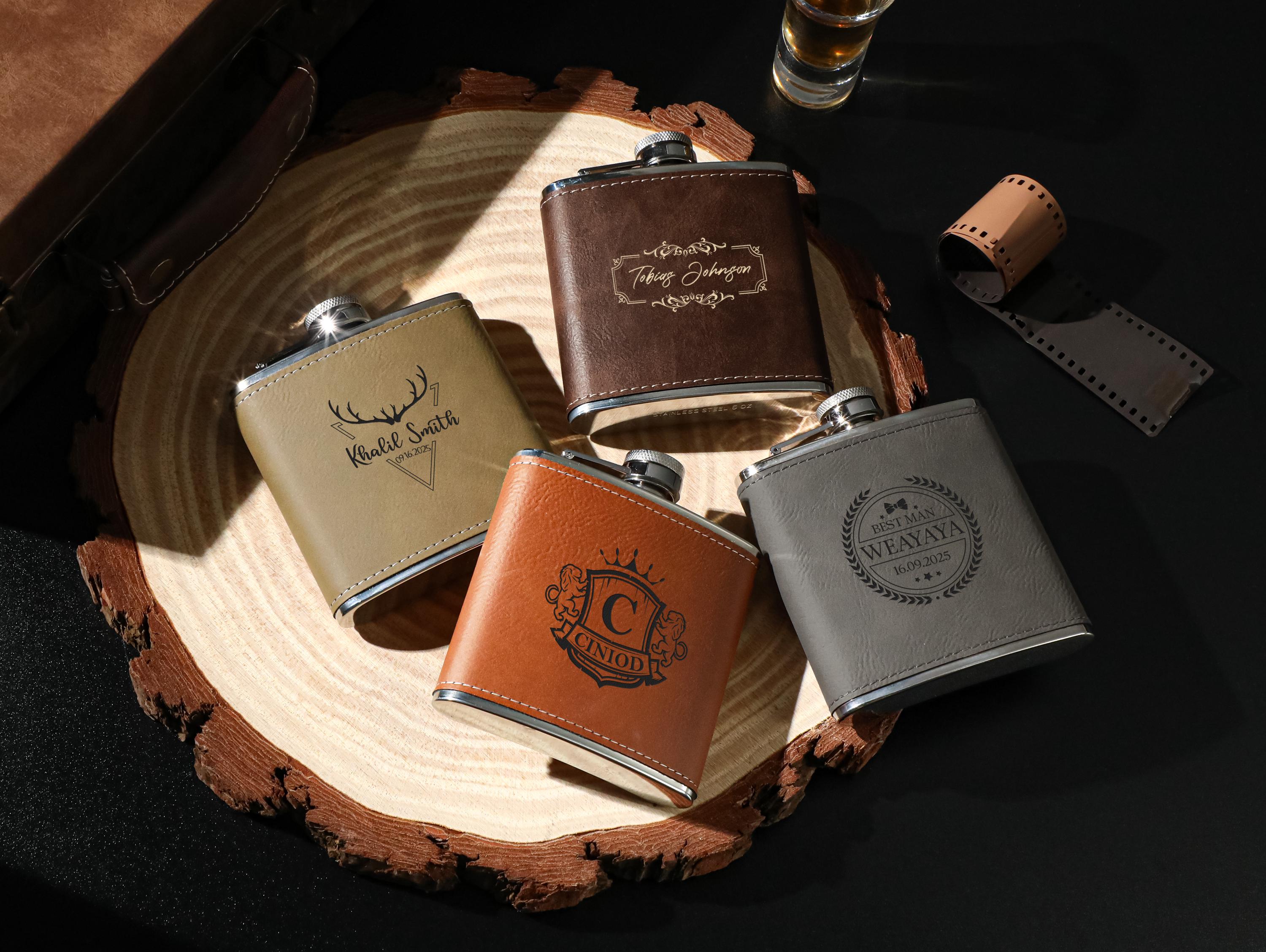 Personalized Custom Engraved Leather Flask | Groomsmen Gift | Wedding Party Favor For Him | WPS0121 - View #2