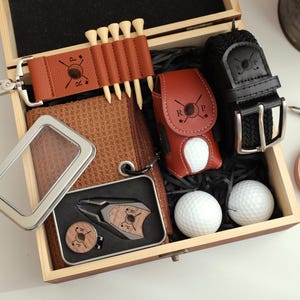 Ensemble cadeau de golf personnalisé, cadeau pour golfeur, sac de balle de golf en cuir, cadeaux de palefreniers pour lui, cadeaux de golf pour papa