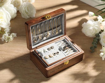 Custom Engraved Walnut Jewelry Box, Jewelry Organizer, Gift for Mom & Her, Wedding Gifts, Birthday Gift