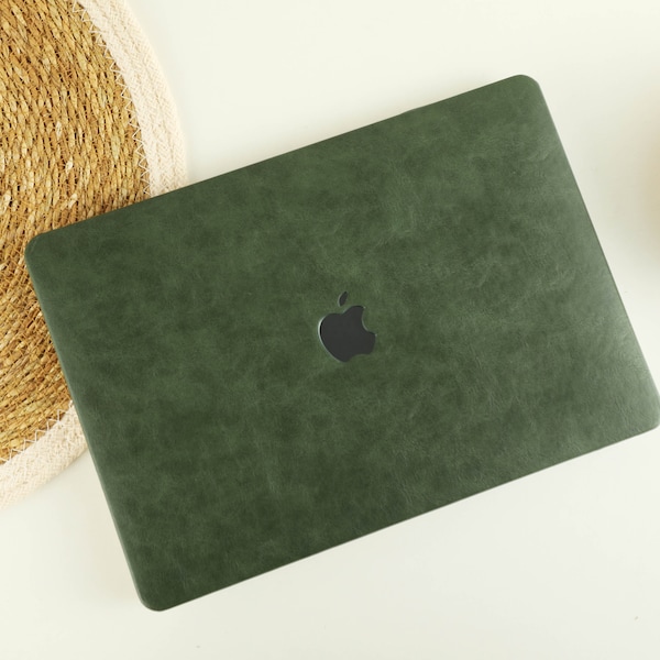 Blackish Green Vegan Leather Macbook Case Custom Text Case Custom Case for Macbook 2022 2021 M2 M1 Chip A2681 A2338 A2442 A2485 Case