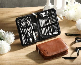 Conjunto de manicure personalizado, estojo de couro para manicure, cuidados com as unhas, conjunto de higiene, organizador de manicure personalizado em couro com gravação