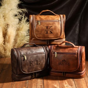Trousse de toilette personnalisée en cuir, trousse de toilette gravée, cadeau pour garçon d'honneur, cadeau de Noël pour lui, trousse de toilette de voyage