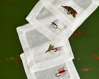 Embroidered Cocktail Napkins | Fly Fishing Lure Cocktail Napkins