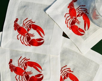 Lobster Embroidered Cocktail Napkins | Spring Party | Summer Party Napkins