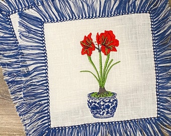 Fringed Custom Cocktail Napkin | Amaryllis Napkin | Embroidered Cocktail Napkin