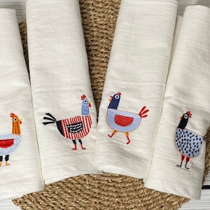 Embroidered Dinner Napkins | Cotton Dinner Napkins | Chicken Decor BRIGHT