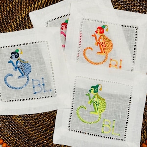 Embroidered Cocktail Napkins | Chinoiserie Style Monkey | Personalized Cocktail Napkins