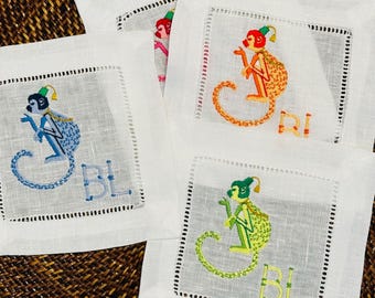 Embroidered Linen Cocktail Napkins: Chinoiserie Monkey, Set of 4
