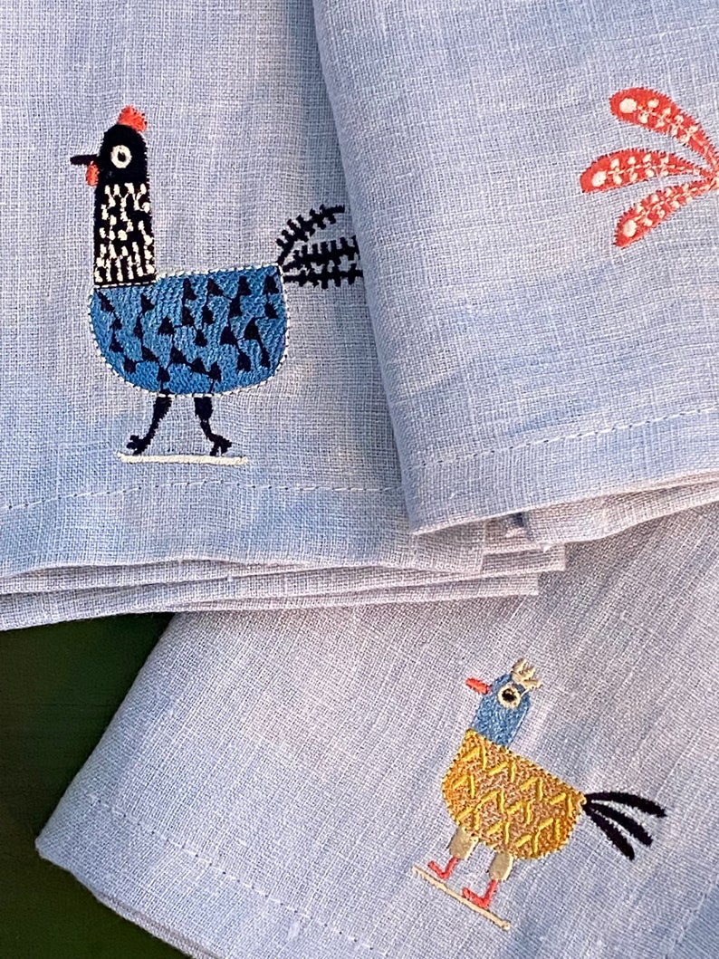 Chicken Decor Napkins Embroidered Linen Dinner Napkins Etsy
