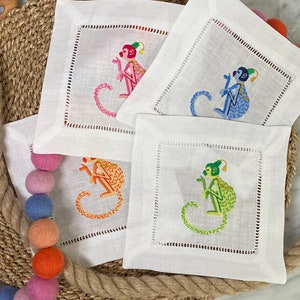 Embroidered Cocktail Napkins | Chinoiserie Style Monkey | Personalized Cocktail Napkins