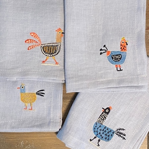 Chicken Decor Napkins | Embroidered Linen Dinner Napkins | Personalized | Custom Napkins