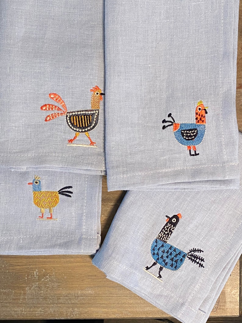 Chicken Decor Napkins | Embroidered Linen Dinner Napkins | Personalized | Custom Napkins