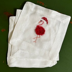 Embroidered Cocktail Napkins | Holiday Party | Personalized Cocktail Napkins | Flamingo Santa