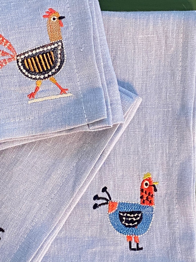 Chicken Decor Napkins Embroidered Linen Dinner Napkins Etsy