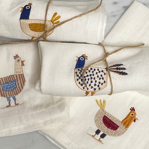 Embroidered Dinner Napkins | Cotton Dinner Napkins | Chicken Decor MUTED