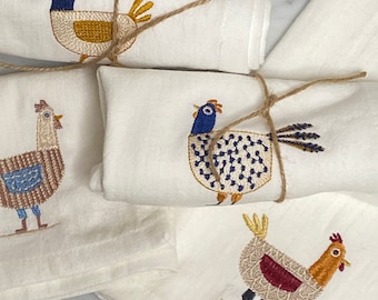 Embroidered Dinner Napkins | Cotton Dinner Napkins | Chicken Decor MUTED