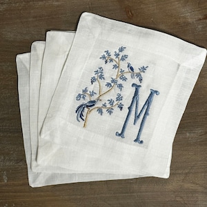 Chantilly Birds with Monogram | Monogrammed Cocktail Napkins | Custom Embroidered Cocktail Napkins