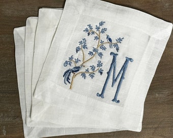Embroidered Linen Cocktail Napkins: Chantilly Birds, Custom Monogram