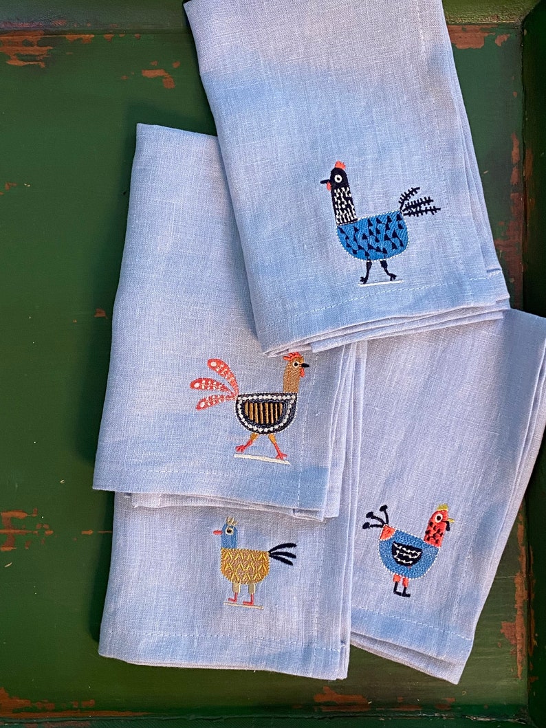 Chicken Decor Napkins Embroidered Linen Dinner Napkins Etsy