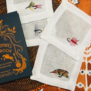 Embroidered Cocktail Napkins Fly Fishing Lure Design Cotton Bar Accessories Handmade Gift