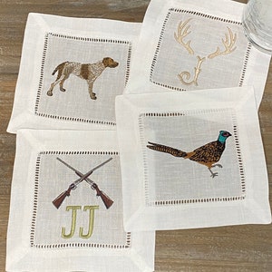 Hunting Cocktail Napkins | Custom Cocktail Napkins | Linen Napkin | Bar Cart Napkin | Embroidered Cocktail Napkin