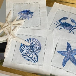 Crab Cocktail Napkins | Shell Cocktail Napkins | Embroidered Cocktail Napkins | Summer Cocktail Party Napkins