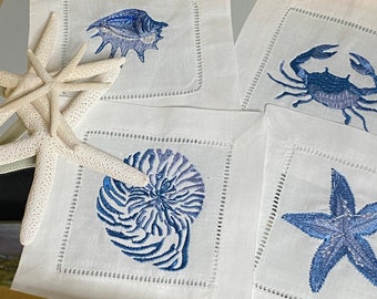 Embroidered Linen Cocktail Napkins: Coastal Sea Life, Set of 4