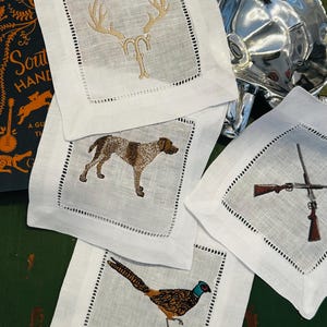Hunting Cocktail Napkins | Custom Cocktail Napkins | Linen Napkin | Bar Cart Napkin | Embroidered Cocktail Napkin