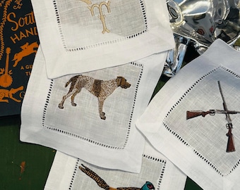 Embroidered Hunting Linen Cocktail Napkins: Bar Cart Decor, Set of 4
