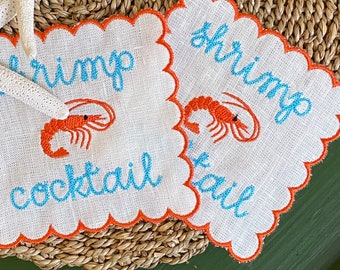 Shrimp Cocktail | Set of 4 Cocktail Napkins | Embroidered Napkins | Custom Napkins