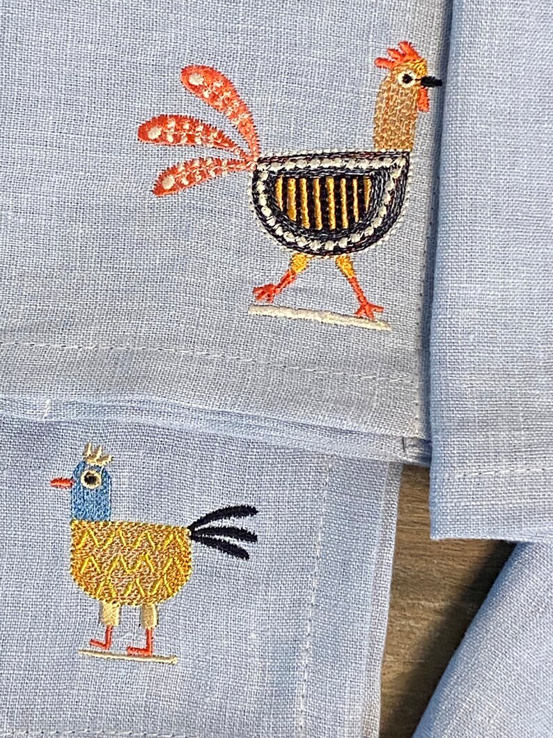 Chicken Decor Napkins Embroidered Linen Dinner Napkins Etsy