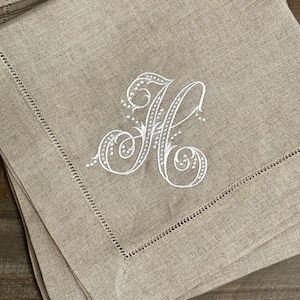 Embroidered Hemstitched Linen Dinner Napkins | Monogrammed Linen Napkins | Personalized Napkins