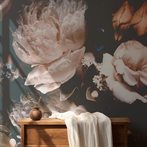 Dark Floral Wallpaper | Peony Mural | Peel and Stick | Wall Decor | Dark Peony Wallpaper | Art Deco Wallpaper | Boho Wallpaper | Room Decor