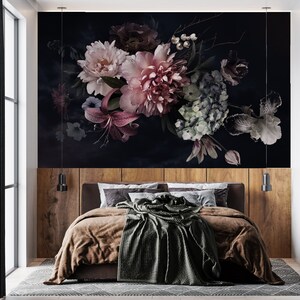 Peony Wallpaper -Dark Floral, Wallpaper - Peel and Stick -wall decore -art deco wallpaper -floral wallpaper -trendy wallpaper