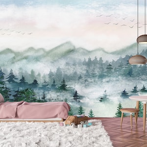 Kid Mountains Wallpaper | Kid Room Landscape Wall Decor Trees Pines Mountains | Peel and Stick | Nursery Wallpaper | Kid Wall Mural