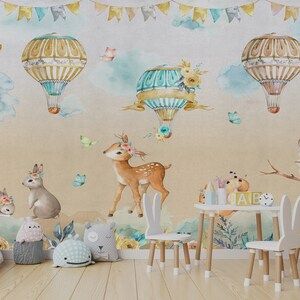 Animals & Balloons Wallpaper Mural: Peel and Stick Nursery Decor